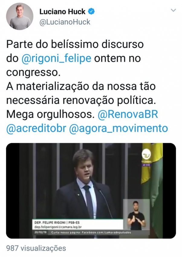 O elogio de Luciano Huck a Felipe Rigoni na rede social. Crédito: Reprodução