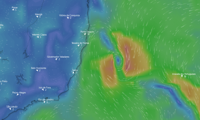 Marinha estende prazo da possível formação de um ciclone na costa do Espírito Santo e Litoral Sul da Bahia. Crédito: Windy | Reprodução