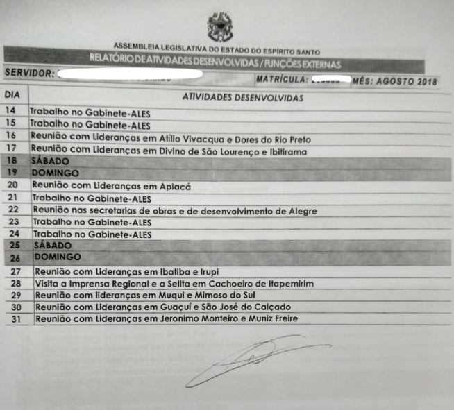Relatório de atividades de servidor de Erick Musso, referentes a agosto de 2018. Trabalho do mês é descrito em meia página. Crédito: Reprodução
