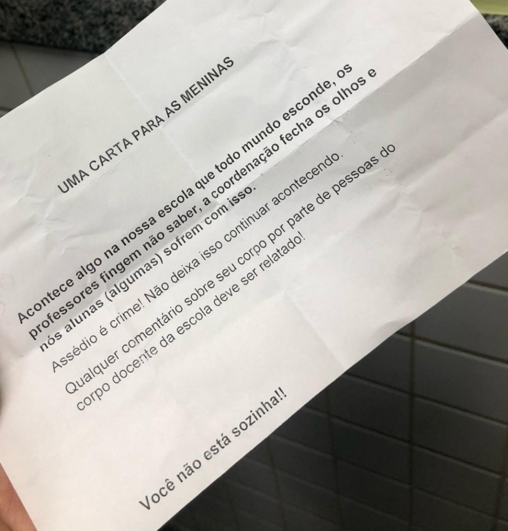 Carta de apoio enviada às alunas da escola. Crédito: Arquivo pessoal