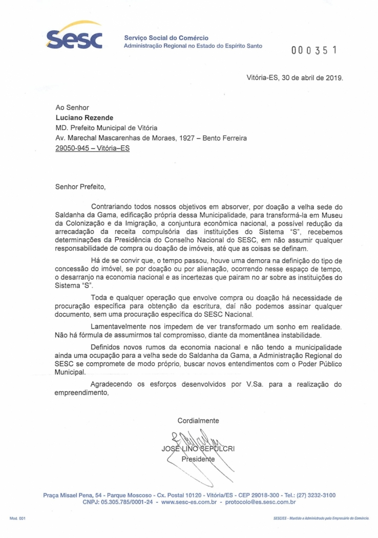 Ofício enviado pelo presidente da Fecomércio, José Lino Sepulcri, para a PMV, explicando que não poderá assumir a administração da sede do Saldanha da Gama, em Vitória. Crédito: Caíque Verli | CBN Vitória