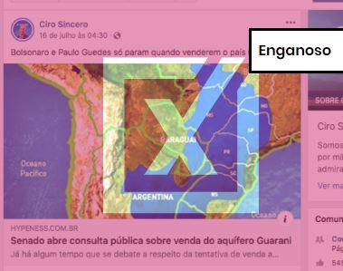 Postagem fala de suposta consulta pública do Senado Federal para permitir a venda do aquífero Guarani. Crédito: Comprova