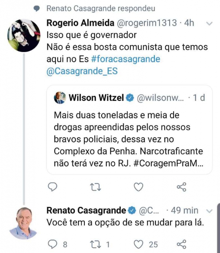Trecho da conversa entre o governador Renato Casagrande e um internauta. Crédito: Reprodução/Twitter