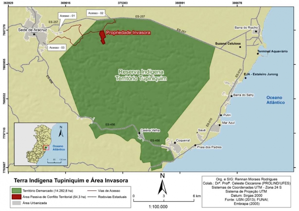 Mapa anexado ao processo apresenta a demarcação do território indígena e a área que é alvo da disputa. Crédito: Divulgação
