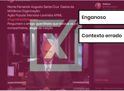 Tuíte traz vídeo editado afirmando que companheiros de guerrilha teriam matado Fernando Augusto de Santa Cruz Oliveira, e não o regime militar. Crédito: Comprova