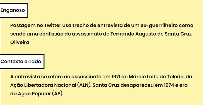 Verificação apontou conteúdo enganoso para ocultar culpa da ditadura por morte. Crédito: Comprova