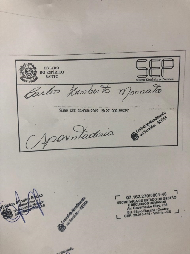 Protocolo do pedido de aposentadoria de Carlos Manato. Crédito: Carlos Manato