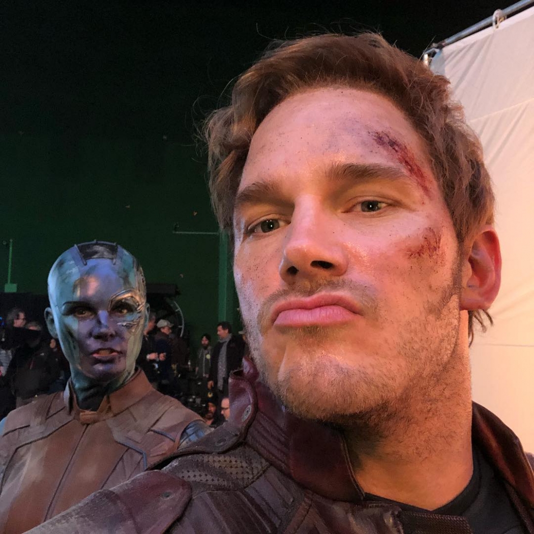 O ator Chris Pratt nos bastidores de "Vingadores". Crédito: Instagram/@prattprattpratt