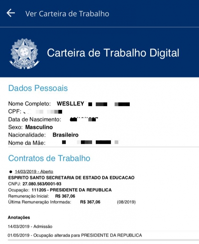 Pelo registro digital, o salário do &quot;presidente da República&quot; é de apenas R$ 367,06. Crédito: Internauta Gazeta Online