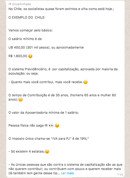 Texto compartilhado sobre economia chilena nas redes sociais. Crédito: Reprodução