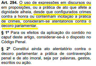 Art 294 diz que discursos que contém incitação à prática de crimes são considerados atentatórios contra o decoro parlamentar. Crédito: Reprodução